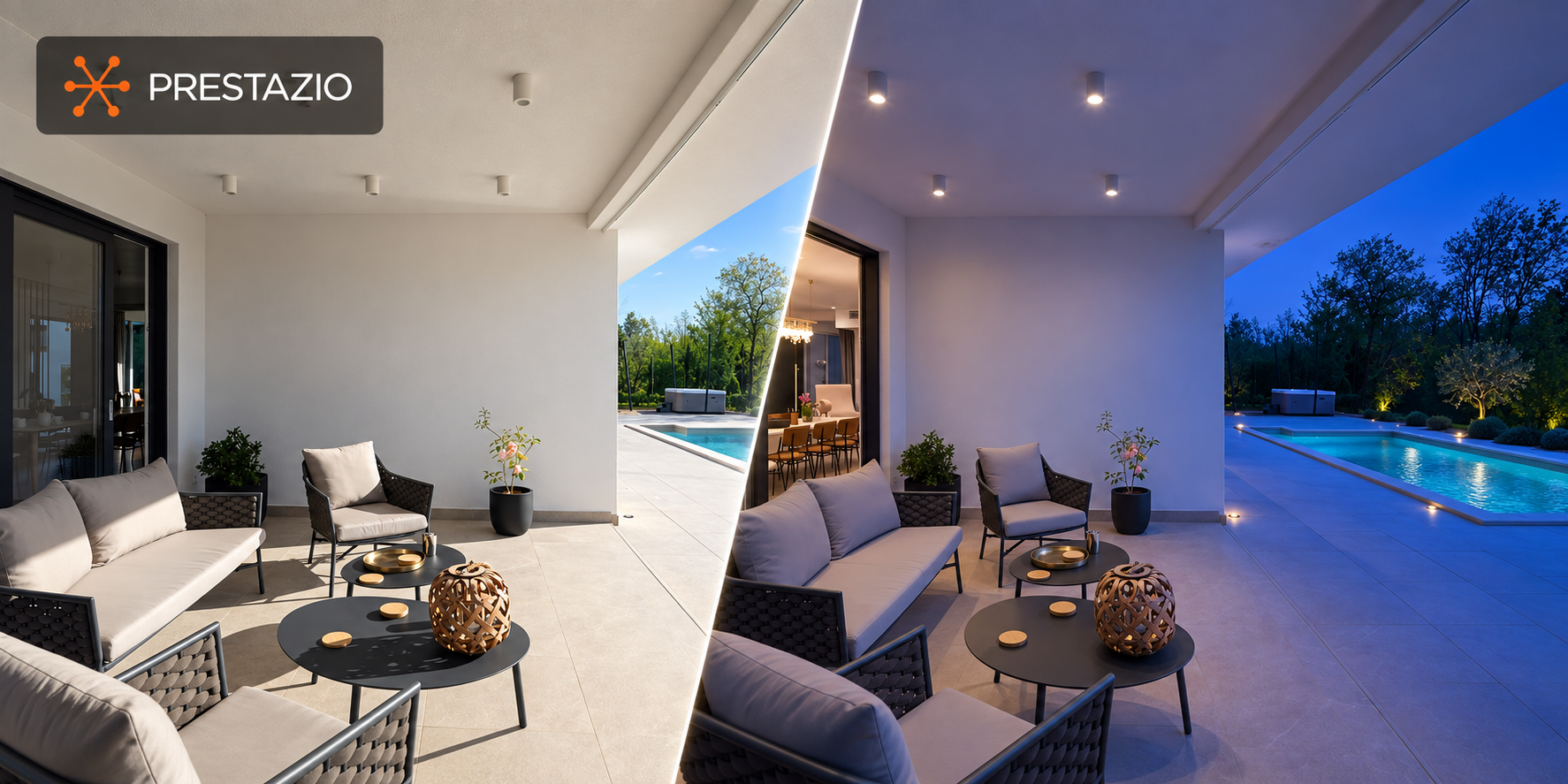 Terrasse Prestazio aménagée, vue de jour et de nuit