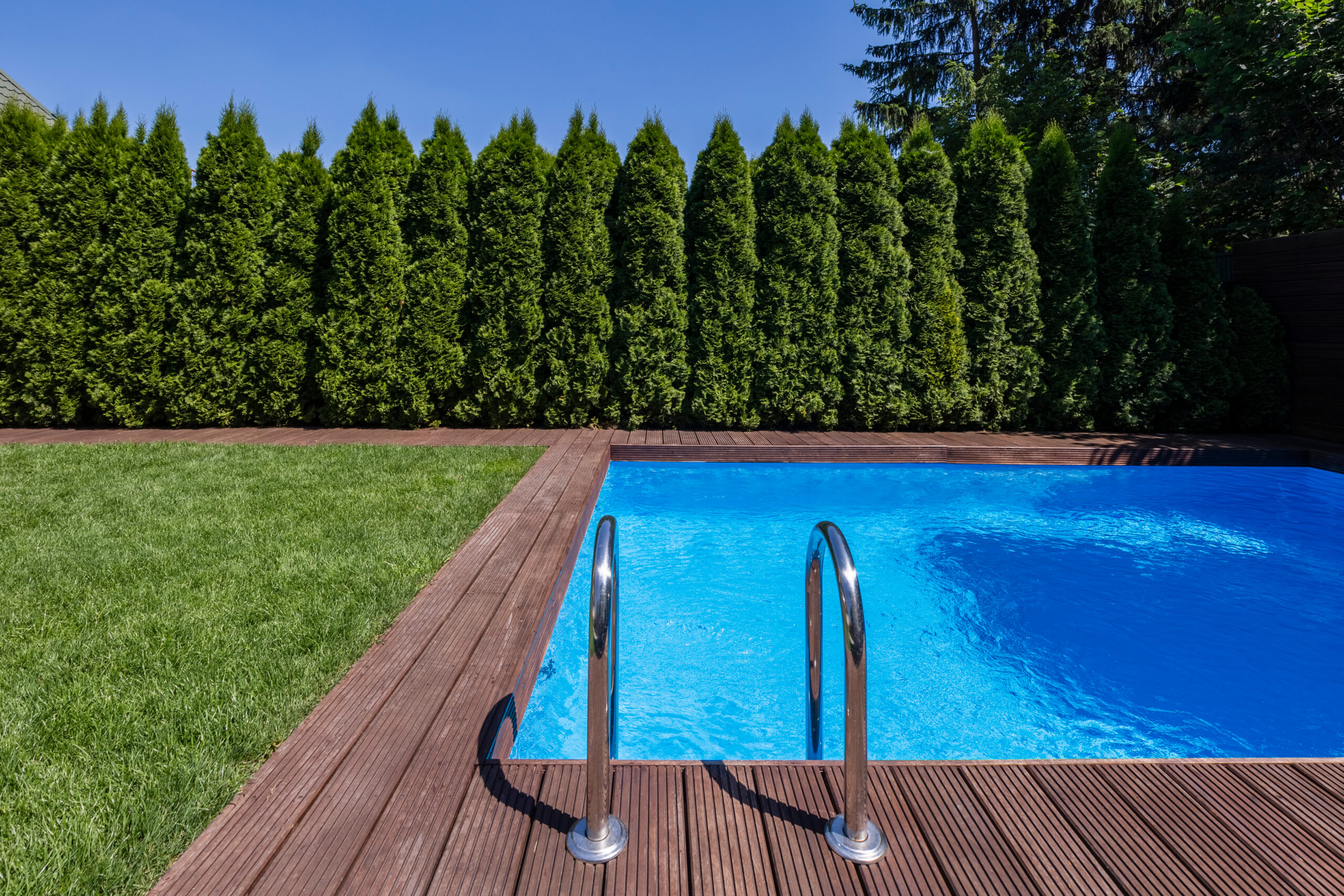 Piscine extérieure entourée d'un jardin paysager